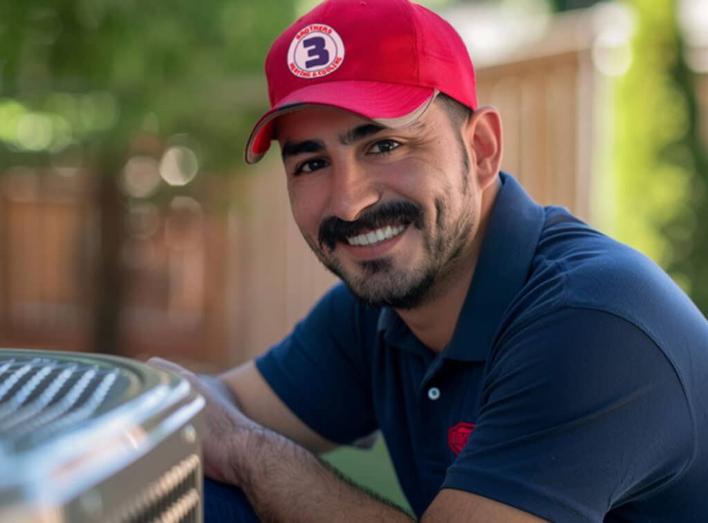 Smiling HVAC technician working on a high efficiency air conditioner